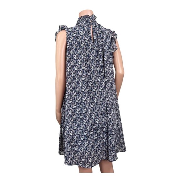 CODExMODE Women SZ M Navy Blue Floral A Line Knee Lenght Dress High Neck Chiffon - Picture 4 of 15